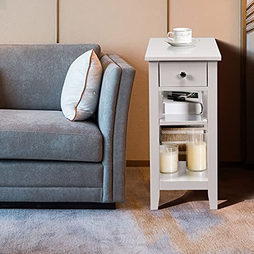 Narrow Side Table, 3-Tier Bedside Table with Drawer and Shelves, Tall Skinny Nightstand for Living Room, Bedroom, Small End Table for Small Spaces (2, White)