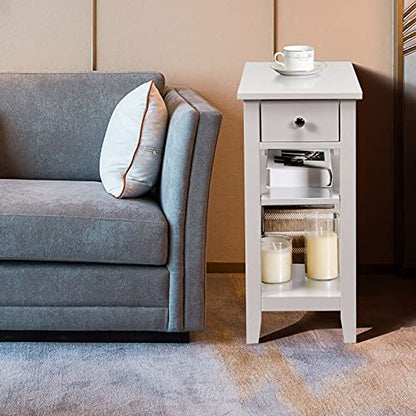 Narrow Side Table, 3-Tier Bedside Table with Drawer and Shelves, Tall Skinny Nightstand for Living Room, Bedroom, Small End Table for Small Spaces (2, White)