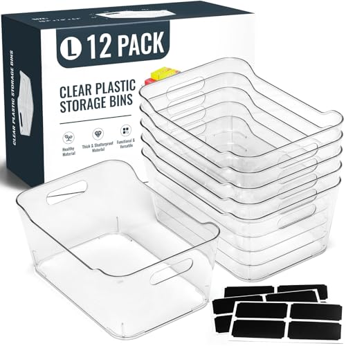 12 PACK Multi-Use Clear Plastic Storage Bins for Organizing w/Labels - Home, Kitchen, Pantry, Bathroom, Office, Cabinet Shelf Organizer Bins - SOHO Collection, RV, Fridge Organization Containers - L - size: Large