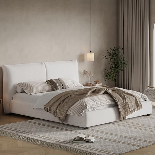 Christopher Knight Home Deft Wooden King Bed Frame and Headboard, Luxurious Upholstered King Size Bed Frame with Linen Fabric Pillow-Back Headboard, Modern Design Bed Set, Easy Assembly, Beige - size: King Size
