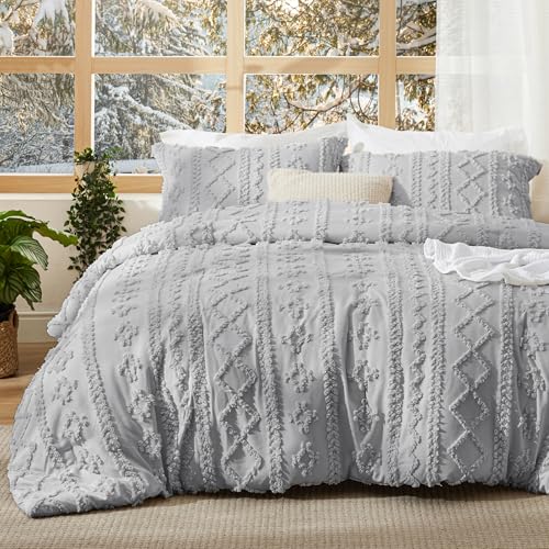 Bedsure Tufted Boho Comforter Set Twin Size - Light Grey Boho Bed Set, GentleSoft™ 2 Pieces Farmhouse-Style Embroidery Bedding, Gifts for Woman, Soft Jacquard Kids' Twin Comforter for All Seasons - color: 18 - Light Grey - Elegant, size: Twin/Twin XL