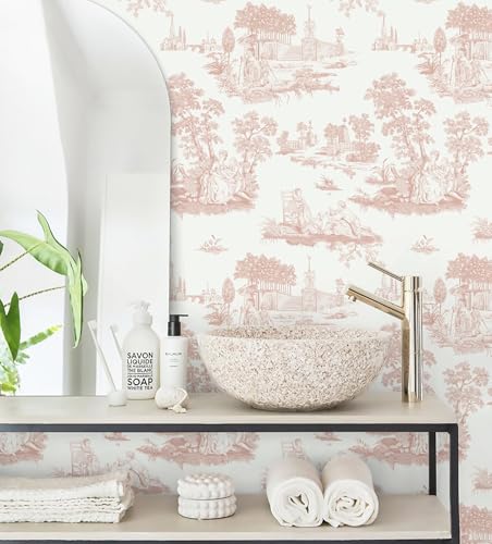Hopepak 17.3"x197" White and Pink Peel and Stick Wallpaper for Bedroom Bathroom Vintage Toile Wall Paper Self Adhesive Waterproof Removable French Contact Paper Decoral Cabinets Shelf Drawer - color: Pink/White, size: 17.3" x 197"