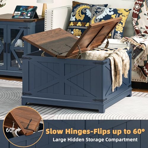 Joaxswe Farmhouse Coffee Table with Hidden Storage Organizer, Modern Square Large Center Table, Wood Farm House Low Navy Blue Living Room Tables with Hinged Lift Top for Home, Office - color: Blue, style: With Legs