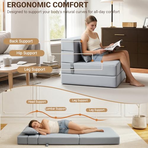 Folding Sofa Bed, Boneless Foldable Chair, Convertible Futon Sleeper Couch | Single Lazy Floor Lounger Sofa Couch for Small Spaces, Dorm, Guest Room, Living Room, Apartment, Grey - size: Single