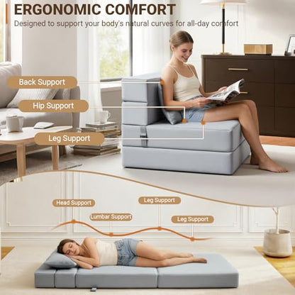 Folding Sofa Bed, Boneless Foldable Chair, Convertible Futon Sleeper Couch | Single Lazy Floor Lounger Sofa Couch for Small Spaces, Dorm, Guest Room, Living Room, Apartment, Grey - size: Single
