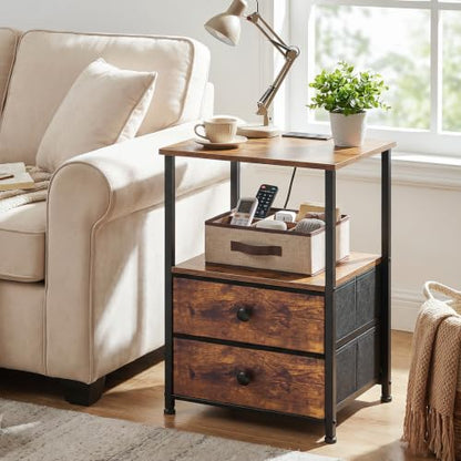 Nightstands Set of 2, Night Stand with Charging Station | Bedside Table with 2 Fabric Drawers for Bedroom, End Tables with Storage Shelf for Small Spaces, Rustic Brown - color: Rustic Brown, style: Power