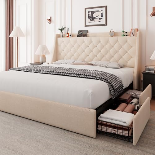 Feonase Upholstered Full Size Bed Frame with 4 Storage Drawers, Charging Station and Tufted Wingback Storage Headboard, No Box Spring Needed, Easy Assembly, Beige - color: Beige, size: Full