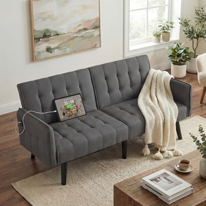 65'' Convertible Futon Sofa Bed with USB, Small Couch for Living Room | Sleeper Sofa, Adjustable Folding Couch with Tufted Design and 2 USB Ports, Bedroom Apartment Office, Dark Grey - color: Dark Grey