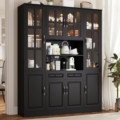 Kitchen Pantry Storage Cabinet with LED Lights, 78.7" Tall Pantry Cabinet with Glass Doors & Drawers, Utility Pantry Cabinet, Black (63" W x 15.7" D) - color: Black, size: 8 Doors