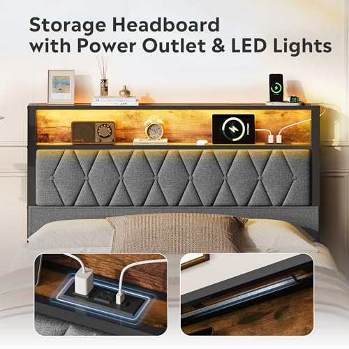 WLIVE Full Size Bed Frame with 4 Storage Drawers, Upholstered Bed Frame with Headboard, Platform Bed with LED Lights and Charging Station, 1500LBS Mattress Foundation, No Box Spring Needed