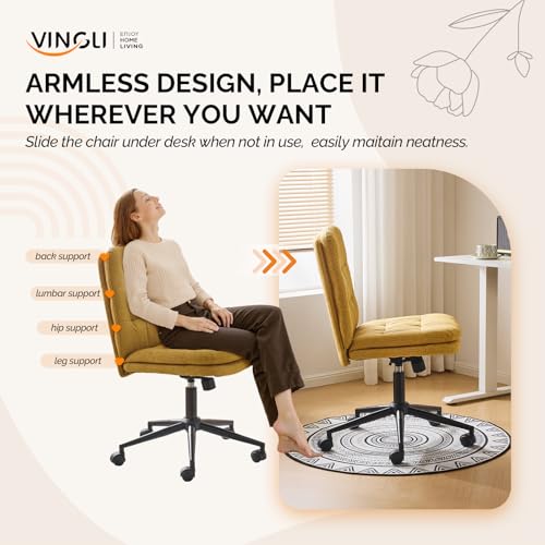 VINGLI Mid Back Armless Office Desk Chair with Wheels/no Wheels,360°Rocking Swivel Vanity Chair with Thickened Cushion,Adjustable Height Rolling for Reading Room, Make up, Linen Ginger Yellow - color: Ginger Yellow