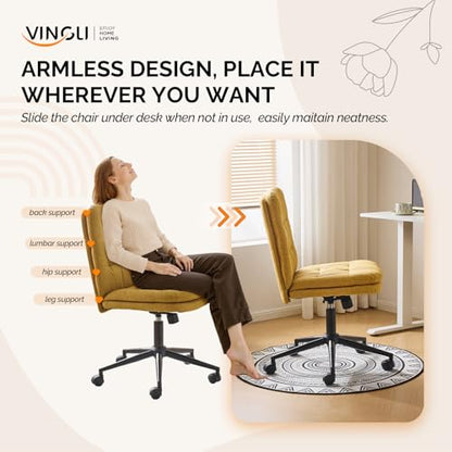 VINGLI Mid Back Armless Office Desk Chair with Wheels/no Wheels,360°Rocking Swivel Vanity Chair with Thickened Cushion,Adjustable Height Rolling for Reading Room, Make up, Linen Ginger Yellow - color: Ginger Yellow