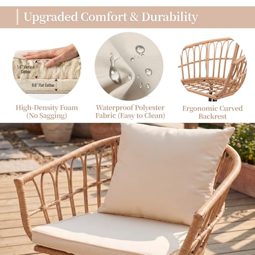 3-Piece Patio Dining Set, Featuring a Round PE Rattan Table and 2 Chairs, Suitable for Bedrooms, Porches and Gardens All-Weather Furniture Set Includes Tempered Glass, Thick Cushions - size: 3 Pieces