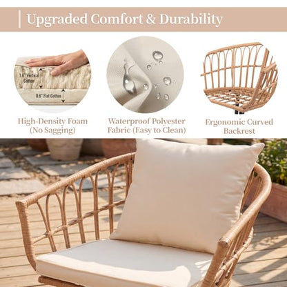 3-Piece Patio Dining Set, Featuring a Round PE Rattan Table and 2 Chairs, Suitable for Bedrooms, Porches and Gardens All-Weather Furniture Set Includes Tempered Glass, Thick Cushions - size: 3 Pieces