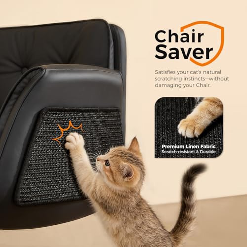 amseatec Criss Cross Office Chair, Swivel Makeup Vanity Chair with Wheels | Wide PU seat for cross-legged, fidget-friendly sitting; 5-level armrests create pet space; wipe-clean; cat scratch pad option - color: Black Linen