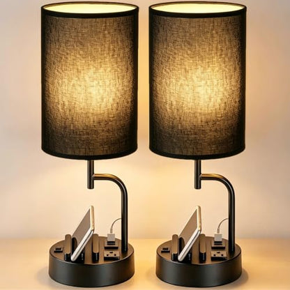 Dreamholder 2 Pack Table Lamp, Bedside Lamp with 3 USB Charging Ports & AC Outlet, USB Desk Lamp with 2 Phone Holders, Linen Fabric Shade Nightstand Lamps for Bedroom Living Room Office, Black Shade - color: Black Shade