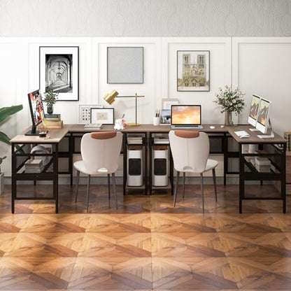 COSTWAY L Shaped Desk with Charging Station, 55” Reversible Corner Computer Desk with Mesh Storage Shelves, CPU Stand, 2 Person Gaming Desk Computer Workstation for Home Office | with Mesh Storage Shelves, CPU Stand, 2 Person Gaming Desk Computer Workstat