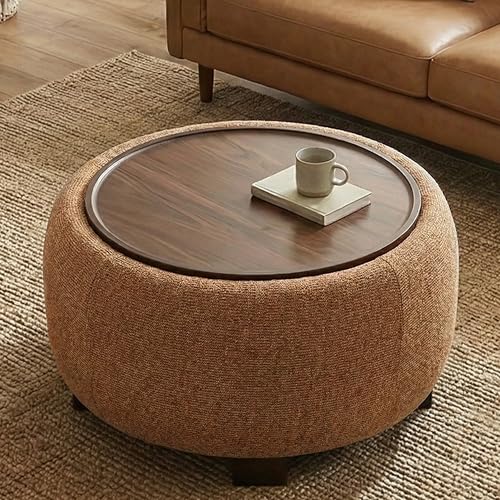 VKNOW 30" Round Storage Ottoman, Ottoman Coffee Table with Removable Wood Top and Solid Wood Legs for Living Room, Bedroom, Apartments (Orange) - color: Orange
