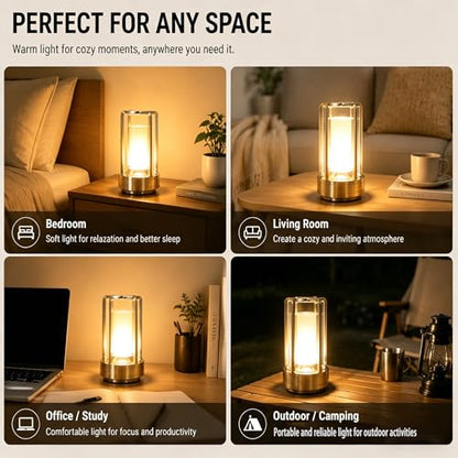 Rechargeable Crystal Table Lamp, 3-Color Touch LED, Gold | Gold metal crystal lantern, 3-color touch dimming, USB-C rechargeable, compact 7.1 in accent light for patio table - style: golden-1