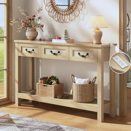 HUAHUU 47.2" Console Table with 3 Rattan Drawers, Long Sofa Table with Storage Behind Couch, Modern Entryway Table with Power Outlet & Open Shelf for Entrance/Hallway/Foyer/Living Room, Natural - color: Natural, size: 11.8"D x 47.2"W x 29.5"H