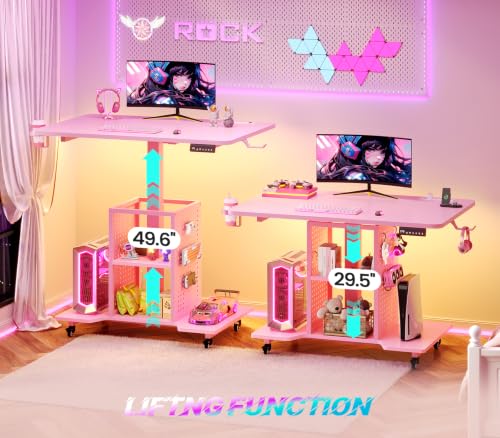 SEDETA Small Standing Gaming Desk, 31.5" Rolling Computer PC Desk Electric Height Adjustable with Power Outlet, Pegboard & Storage Shelves, LED Light, for Small Spaces/Bedroom/Gaming/Girl Room, Pink - color: Pink
