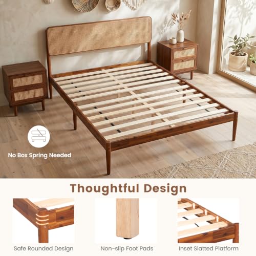 Giantex Wooden Bed Frame Full Size, Rattan Headboard Platform Bed (Full) | Wooden Slat Support, Acacia Wood Mattress Foundation No Box Spring Needed - size: Full