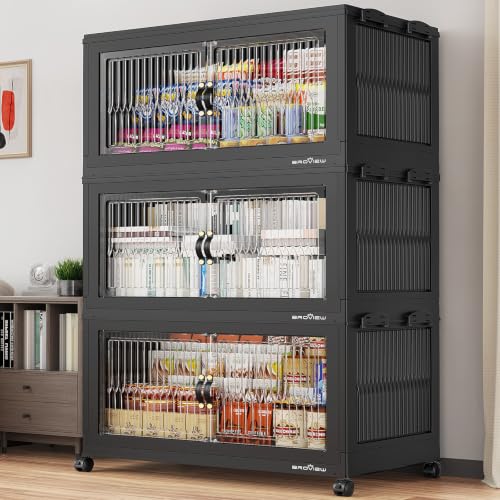 BROVIEW 600QT Extra Large Stackable Storage Bins with Lids, 3Pack Black | 150Gal Plastic Collapsible Cabinets Containers, Wheels & PET Doors, Foldable Closet Organizers Drawers for Office, Dorm - color: Black, size: 50Gal-3Pack