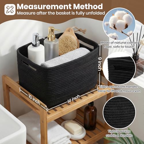 Storage Baskets for Organizing, 14 x 10 x 9” Closet Shelf Woven Baskets, Square Bins with Handles, Cotton Rope Basket for Clothes, Office, Room, Black 3 Pack - color: Black, size: 3pcs