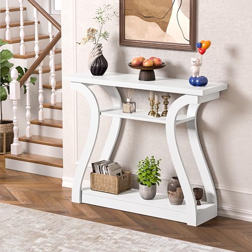 47" Narrow Console Table, Entry Table with Curved Legs, Sofa Table | Wood Console Table 3-tier Shelf Modern Accent Sofa Table for Entrance Area, Living room, Hallway (White) - color: White