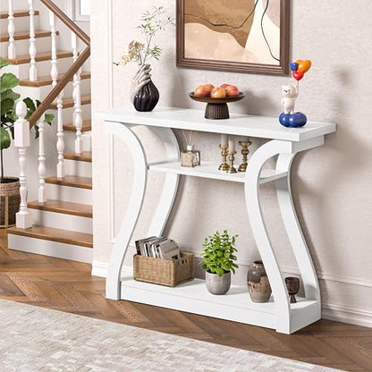 47" Narrow Console Table, Entry Table with Curved Legs, Sofa Table | Wood Console Table 3-tier Shelf Modern Accent Sofa Table for Entrance Area, Living room, Hallway (White) - color: White