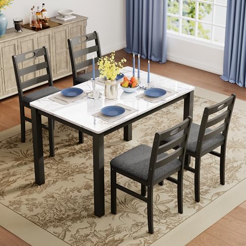 PHI VILLA Dining Table Set for 4, Marble Design Kitchen Table and Chairs | Marble Tabletop, Solid Rubber Wood, Padded Cushion Chairs, Space Saving, Easy Assembly, White Marble&Gray - color: Venatino White Marble&gray