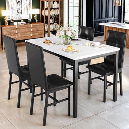 Hooseng Dining Table Set for 4, Faux Marble Small Kitchen Table with 4 PU Leather Chairs, Modern 5 Piece Dinner Table Set for Dining Room, Breakfast Nook, Samll Space, White & Black - color: White