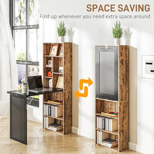 HOMCOM Foldable Desk Wall Mounted Convertible Table, Rustic Brown | Wall Mounted, Space-Saving, Chalkboard, Storage Shelves, for Small Spaces, Home Office, Bedroom, Dorm, Apartment - color: Rustic Brown