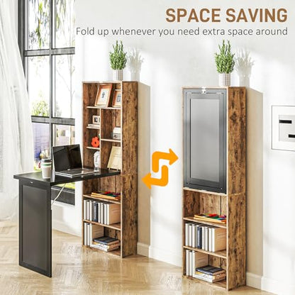 HOMCOM Foldable Desk Wall Mounted Convertible Table, Rustic Brown | Wall Mounted, Space-Saving, Chalkboard, Storage Shelves, for Small Spaces, Home Office, Bedroom, Dorm, Apartment - color: Rustic Brown