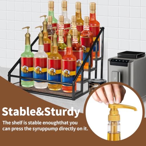 YQBRAO 4-Tier Coffee Syrup Organizer, 16-Bottle Rack, Rustic Brown | Holds up to 16 bottles with stepped visibility; rustic wood and metal design for syrups, kitchens, and home coffee bars. - size: 4 Tier 16 Bottle Syrup Rack - 1 Pack