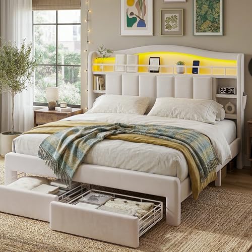 Full Size LED Bed Frame with Storage Headboard, Upholstered Velvet Wood Princess Bed for Girls with 5 Charging Ports (USB-C & AC), Hidden Compartment, Sturdy Aluminum Frame & 2 Silent Drawers Beige - color: Beige, size: Full
