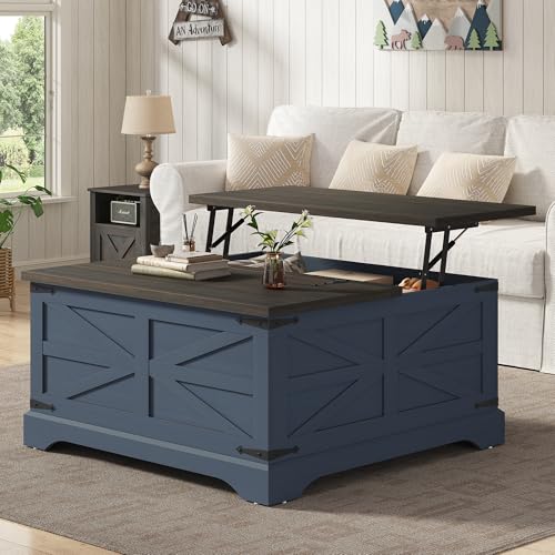 35.5''W Square Coffee Table Farmhouse Lift top Coffee Table with Large Hidden Storage, Wood Center Table for Living Room, Home Office, Blue - color: Blue, size: 35.5''W