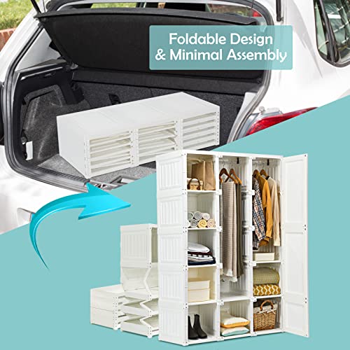 Tangkula Portable Closet Wardrobe, Foldable Clothes Organizer with Cubby Storage, Hanging Rods, Easy Assemble Clothing Storage with Magnet Doors, Folding Bedroom Armoire (10 Cubbies & 2 Rods)