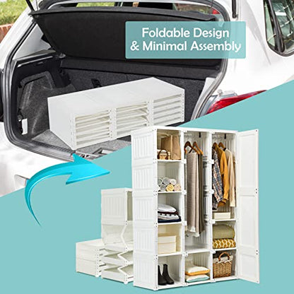 Tangkula Portable Closet Wardrobe, Foldable Clothes Organizer with Cubby Storage, Hanging Rods, Easy Assemble Clothing Storage with Magnet Doors, Folding Bedroom Armoire (10 Cubbies & 2 Rods)