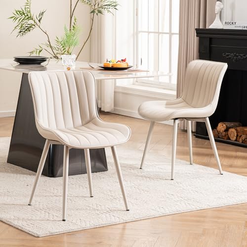 YOUNUOKE Dining Chairs Set of 2 Mid-Century Modern Kitchen Chairs Cream | Faux leather upholstered with Back, fits dining living waiting room guest reception. Waterproof easy to clean assemble, 300lb - color: All Cream
