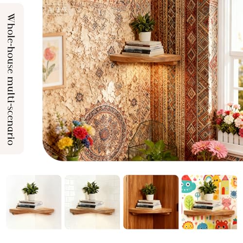 Natural Wood Corner Floating Shelf, 10" Wall-Mounted Corner Shelf for Bedroom, Bathroom & Living Room, Decorative & Functional Corner Shelf Wall