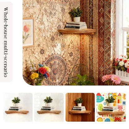 Natural Wood Corner Floating Shelf, 10" Wall-Mounted Corner Shelf for Bedroom, Bathroom & Living Room, Decorative & Functional Corner Shelf Wall