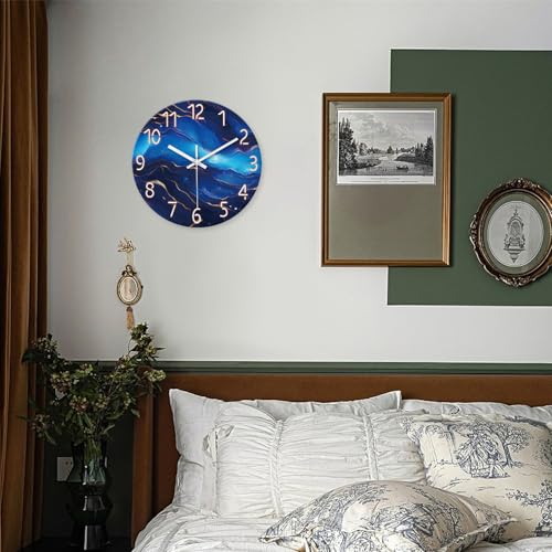 Glass Blue Wall Clocks Battery Operated 16 Inch | Marble Pattern Big Clock for Office Living Room Bedroom Abstract Silent Wall Clock Non Ticking - color: Blue1, size: 16 Inch