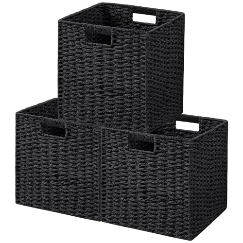 UBBCARE 3 Pack Wicker Basket, 11L×11H×10.5W inch Woven Paper Rope Storage Baskets for Shelves, Foldable Cube Storage bin with Handle, Storage Basket for Organizing & Decor, Black - color: Black, size: Cube-3pack 11"×11"×10.5"