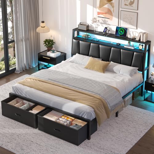 FreeHouse Full Size Bed Frame with Storage Headboard & 2 Drawers, Black | Upholstered Full bed frame with Charging Station & LED Light, Fabric Drawers,Metal Slats, No Box Spring Needed, Noise-Free - color: Black, size: Full