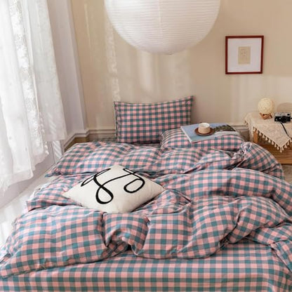 mixinni Plaid Duvet Cover Set Twin Purple - Soft Washed Cotton Modern Geometric Bedding Set with 2 Pillowcases, Pink Blue Gingham Grid Twin Duvet Cover for Men & Women, Soft & Lightweight - color: 02 - Purple/Pink/Blue Plaid, size: Twin
