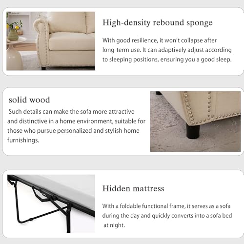 Queen Pull Out Couch Sofa Bed, 74' Large Convertible Sleeper Sofa, 2 Seater Loveseat Sofa-Bed with Queen Size Mattress for Living Room Small Spaces Apartment Studio, Beige - color: Beige, size: Convertible Sleeper Sofa Bed-2 seat