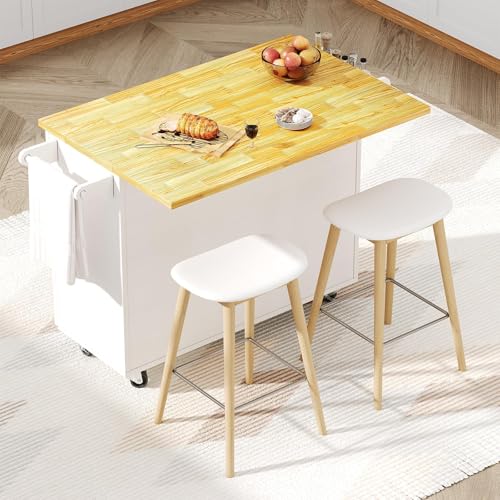 4 EVER WINNER 43" Kitchen Island with Drop Leaf, Rolling Kitchen Island | Modern Design, 4 Wheels, 3 Storage Drawers, Spice Rack & Towel Rack, for Kitchen Dining Room, White - style: Modern