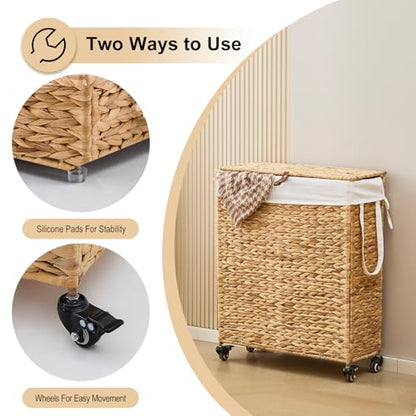 Rolling Laundry Hamper with Lid and Wheels, Slim Laundry Basket with Removable Liner Bag & 2 Mesh Bags, Handwoven Water Hyacinth Clothes Hamper for Bedroom Bathroom (Natural, 85L) - color: Natural/With Lid/85L