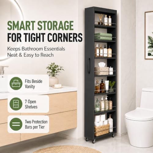 7-Shelf Tall Narrow Storage Cabinet with Wheels, 71 Inch, Black | Slim Pull-Out Organizer, 7.87 Inch Wide for Small Spaces Between Washer/Dryer, Kitchen, Bathroom and Laundry Room - color: E-black